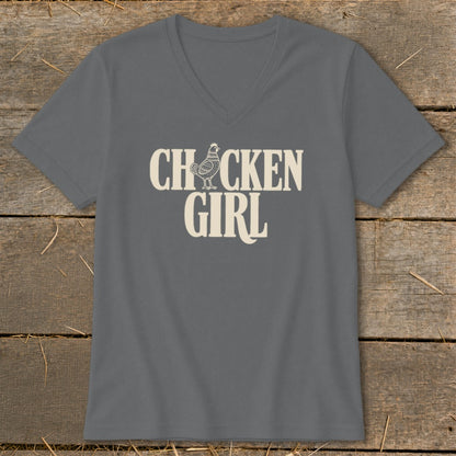 Grey v-neck t-shirt with "CHICKEN GIRL" text and chicken graphic.