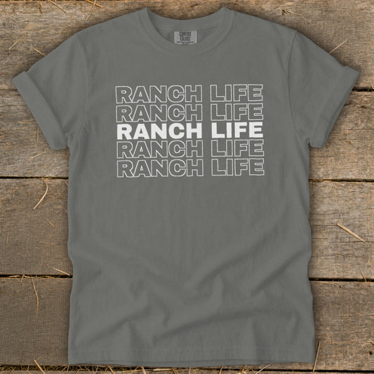 A grey crewneck t-shirt with the words "RANCH LIFE" printed in stacked, outlined letters.