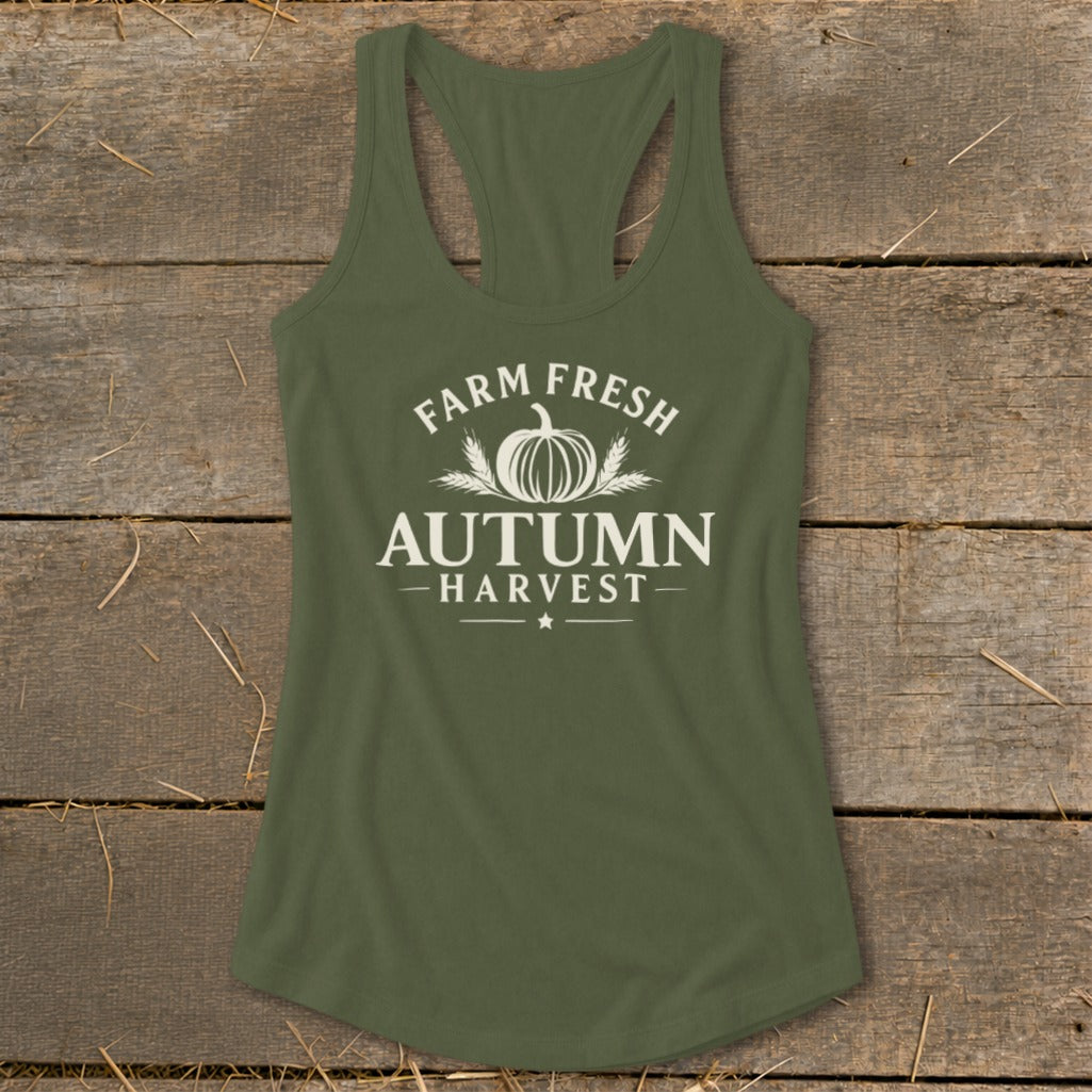 Olive green racerback tank top with white "Farm Fresh Autumn Harvest" graphic.