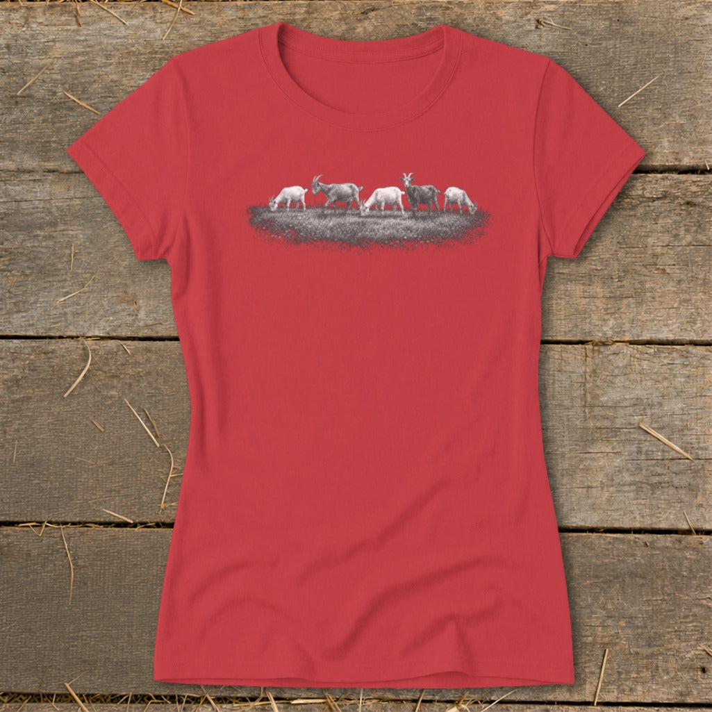Red t-shirt with a grey illustration of five goats grazing on grass.