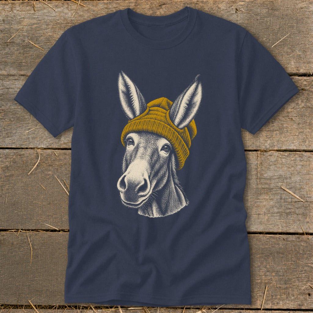 T-shirt with drawing of a donkey wearing a yellow beanie.