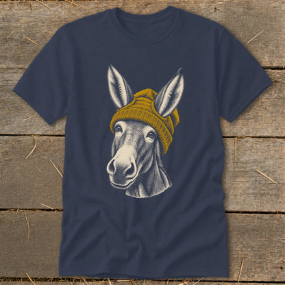 T-shirt with drawing of a donkey wearing a yellow beanie.
