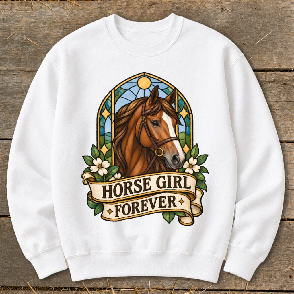 White sweatshirt with a brown horse head in a stained-glass design and "Horse Girl Forever" text.