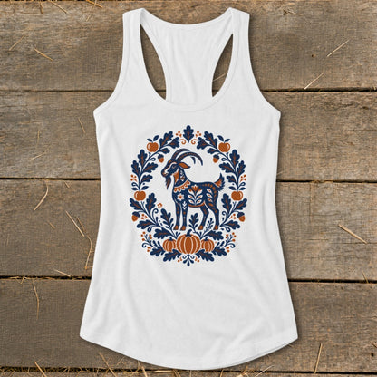 White racerback tank top featuring a folk art goat graphic surrounded by an autumn wreath.