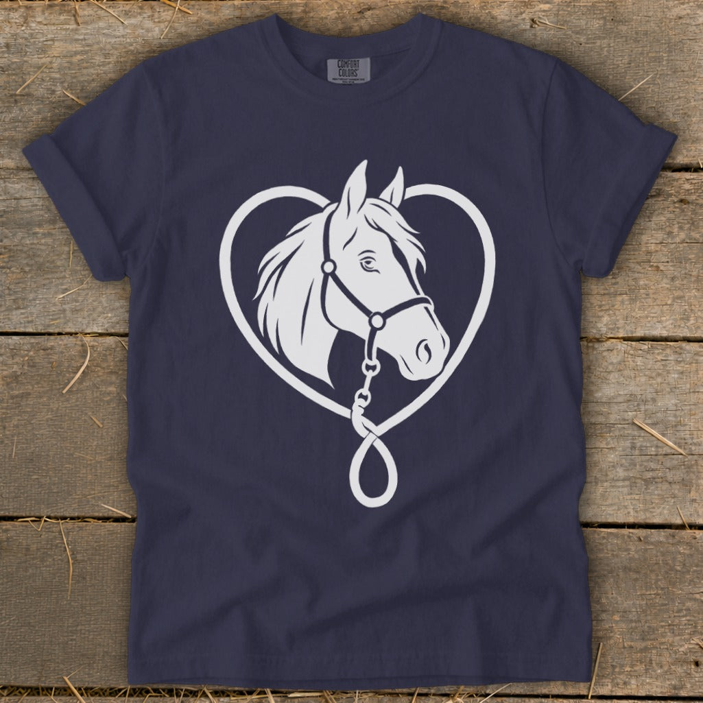 A dark blue t-shirt featuring a white graphic of a horse head inside a heart-shaped outline.