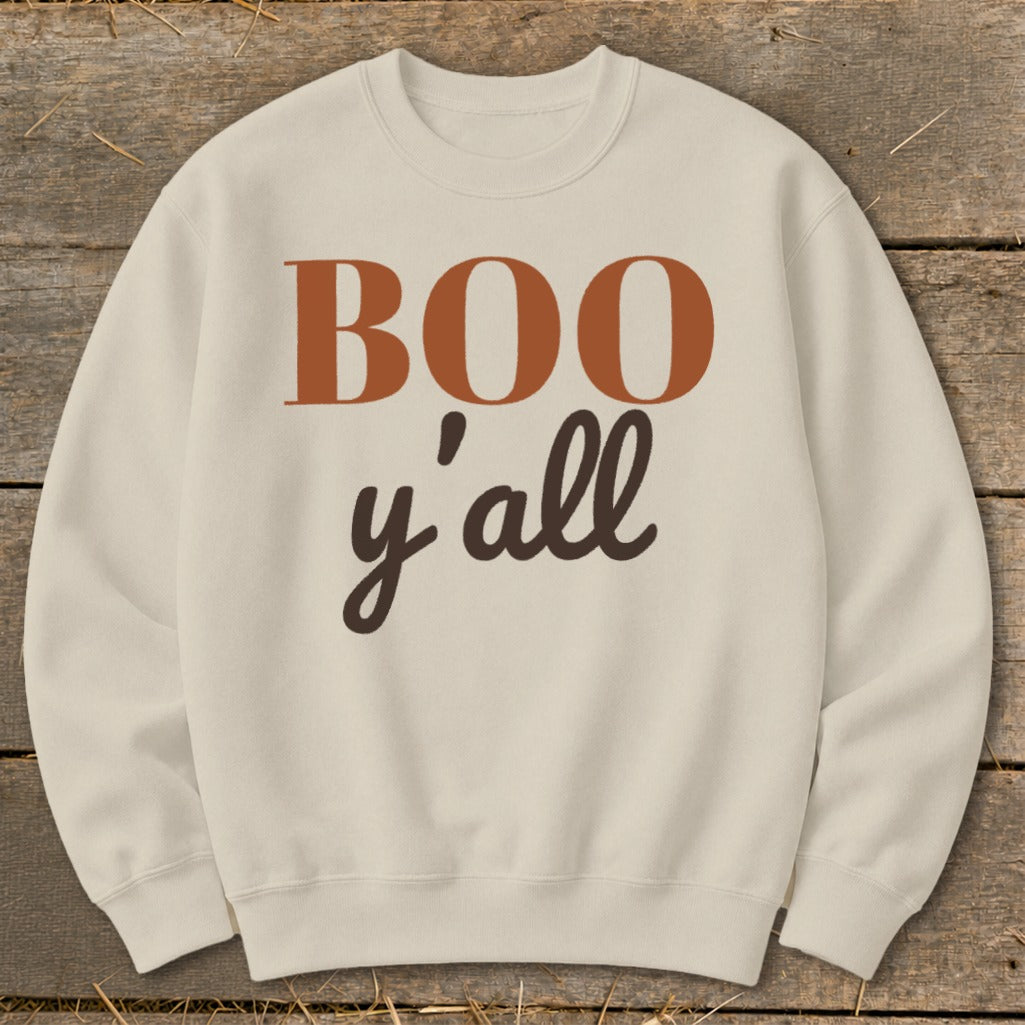 Cream sweatshirt with "BOO y'all" text in brown and orange.