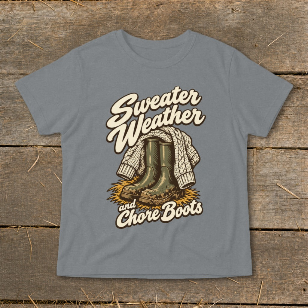 Sweater Weather and Chore Boots graphic on a grey t-shirt.