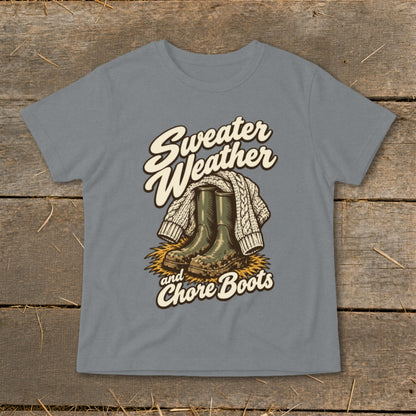 Sweater Weather and Chore Boots graphic on a grey t-shirt.