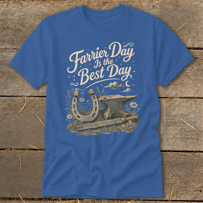 Blue t-shirt with "Farrier Day Is The Best Day" text, horseshoe, anvil, and file.