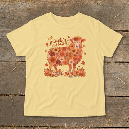 Yellow t-shirt with a sheep graphic made of autumn flowers and pumpkins, reading "Pumpkin Season".