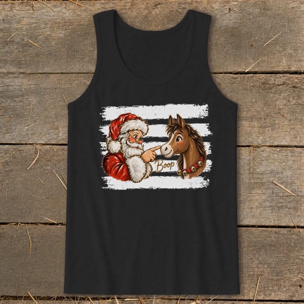 Santa booping a horse with the word "Boop" on a black tank top.