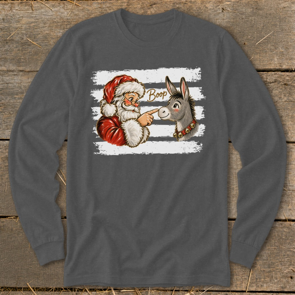 Santa pointing at a donkey with "Boop" text on a striped background.