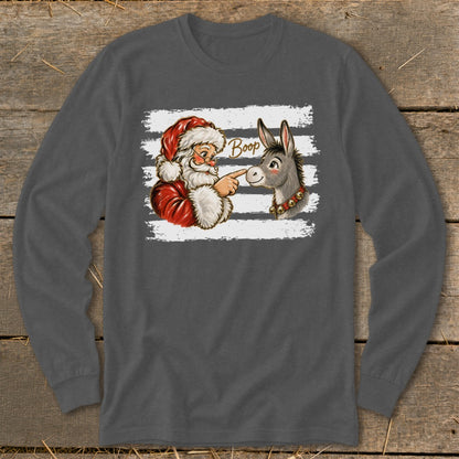 Santa pointing at a donkey with "Boop" text on a striped background.