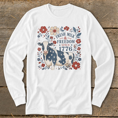 Cow with American flag pattern and "Fresh Milk & Freedom Since 1776" text.