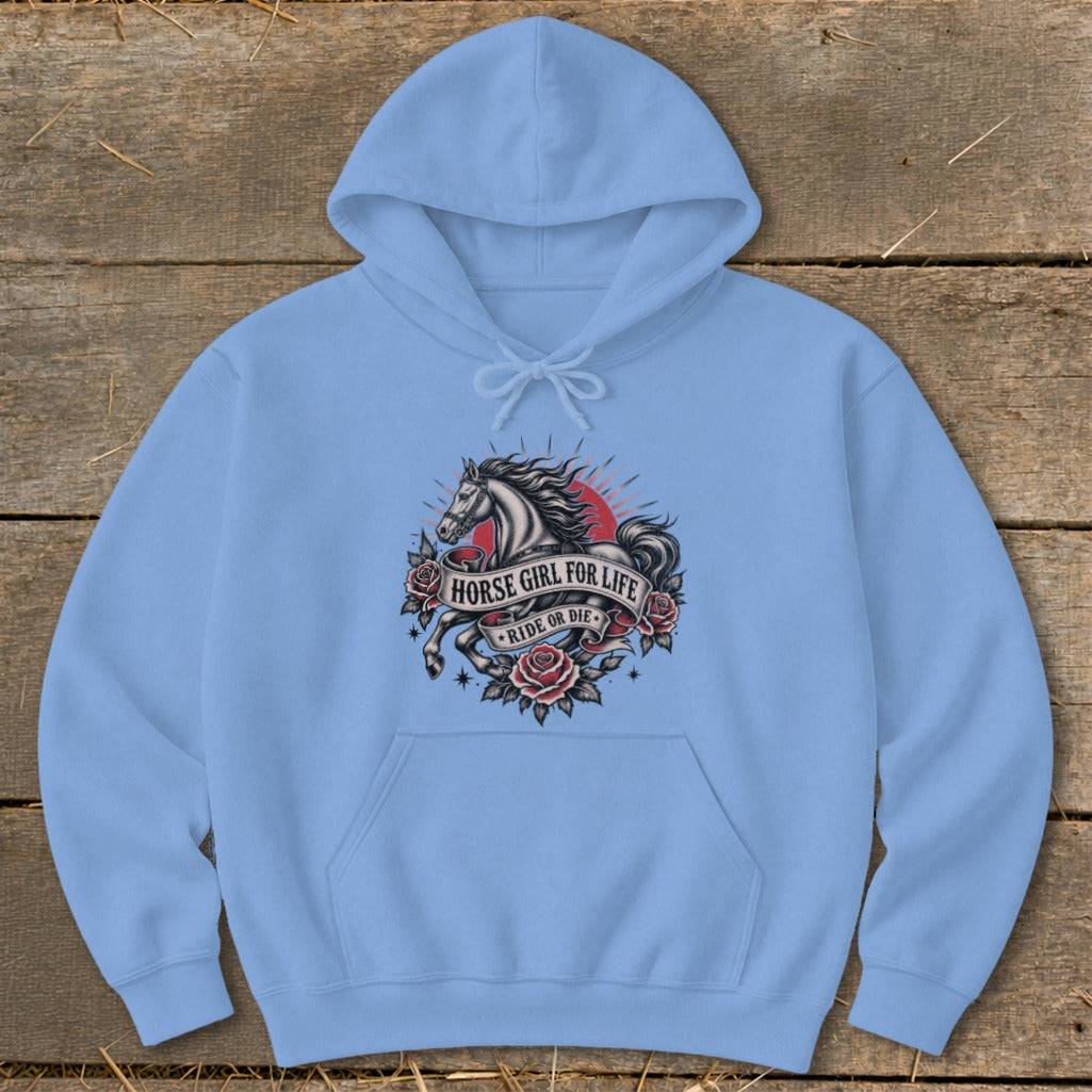 Light blue hoodie with horse graphic, roses, and text "Horse Girl For Life Ride or Die".