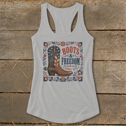 Light gray tank top with "Boots & Freedom Since 1776" and cowboy boot graphic.