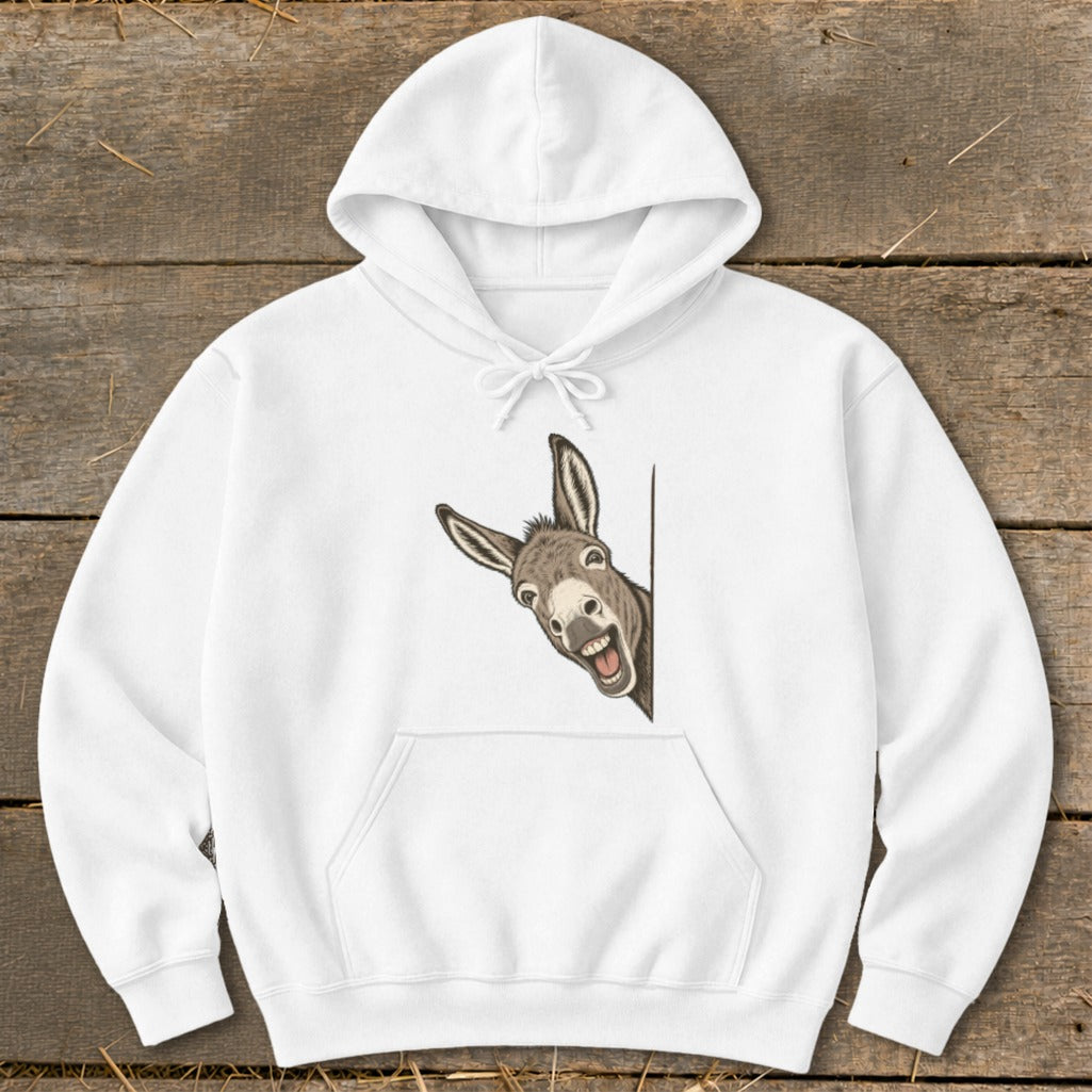 White hoodie with a cartoon donkey peeking out from the right side.