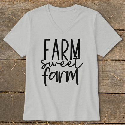 Light grey v-neck t-shirt with "FARM sweet farm" in black text.