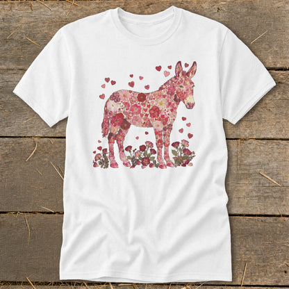 White t-shirt with a donkey made of pink flowers and hearts.