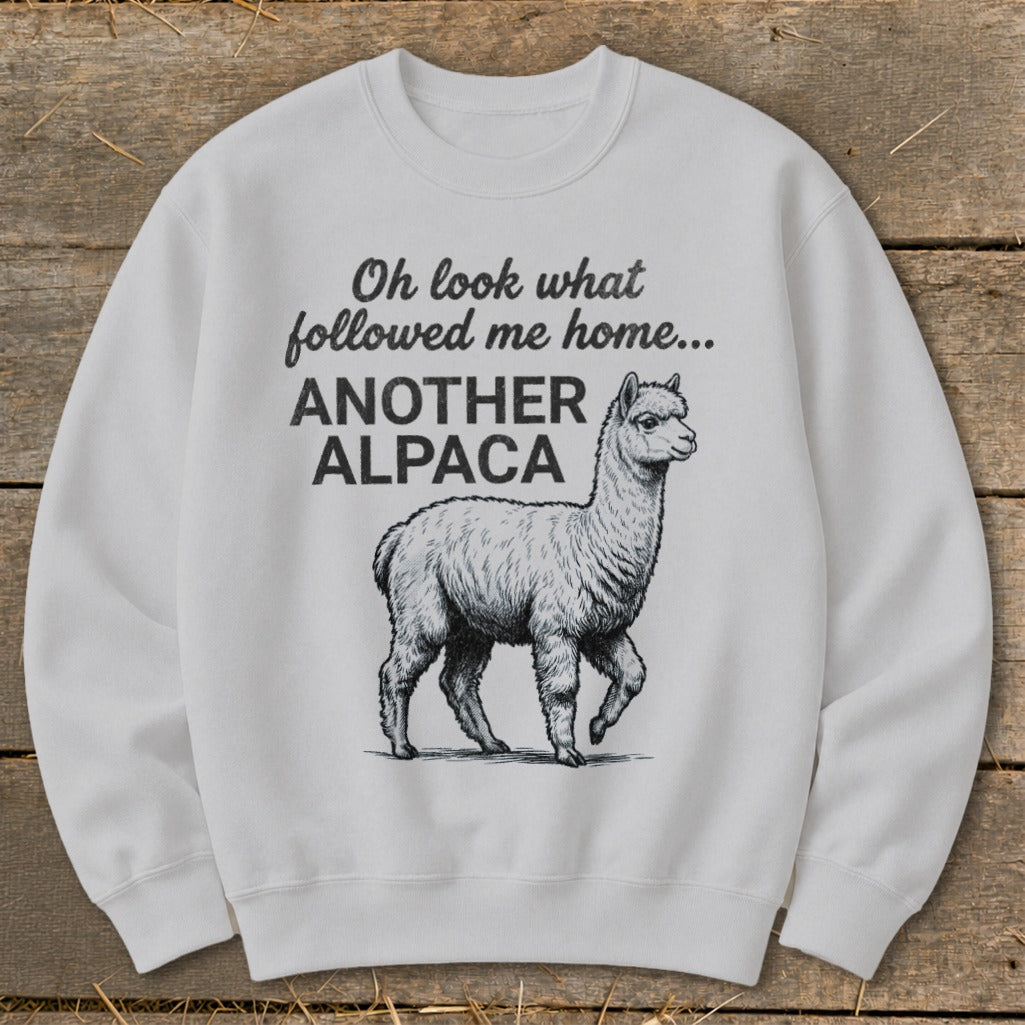 White sweatshirt with "Oh look what followed me home... ANOTHER ALPACA" and an alpaca graphic.
