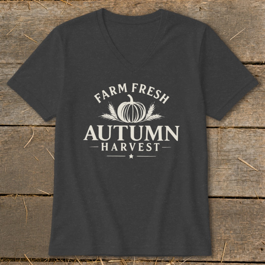 Dark grey t-shirt with "Farm Fresh Autumn Harvest" text and pumpkin graphic.