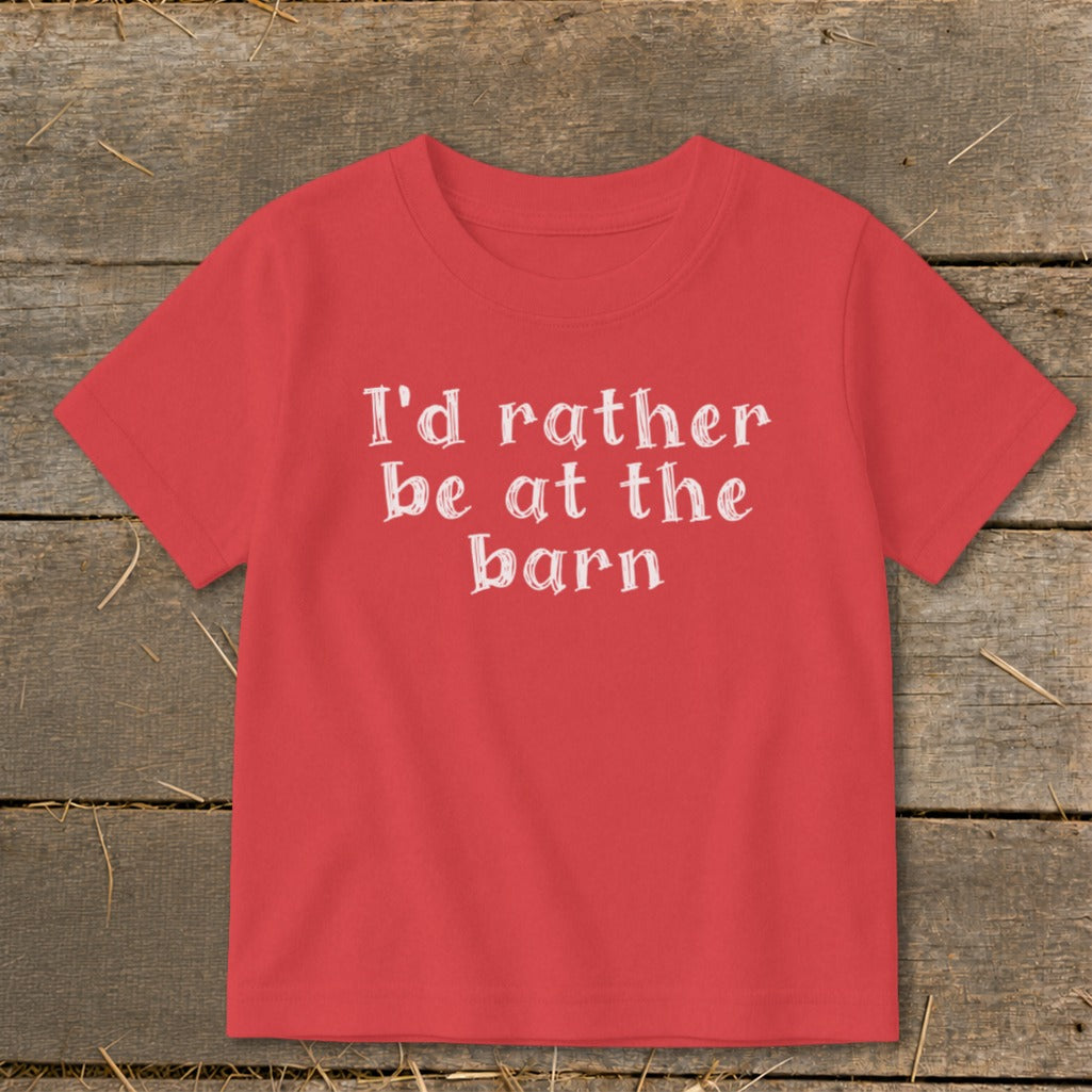 Red t-shirt with white text "I'd rather be at the barn".