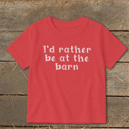 Red t-shirt with white text "I'd rather be at the barn".