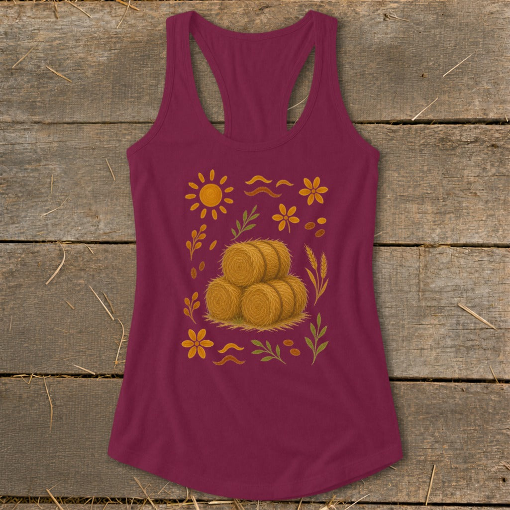 Maroon tank top with a harvest-themed print featuring hay bales, sun, and flowers.