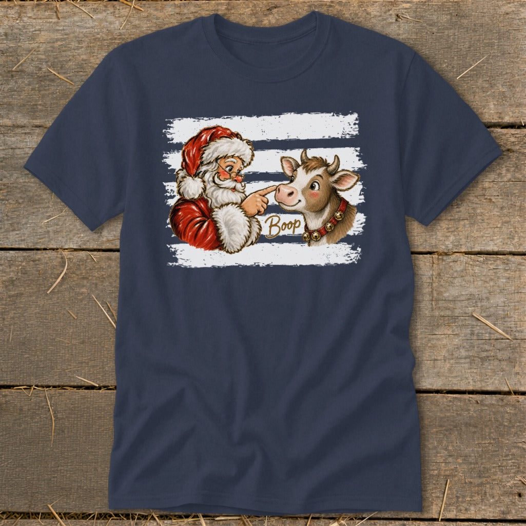 Santa booping a cow's nose with "Boop" written below.