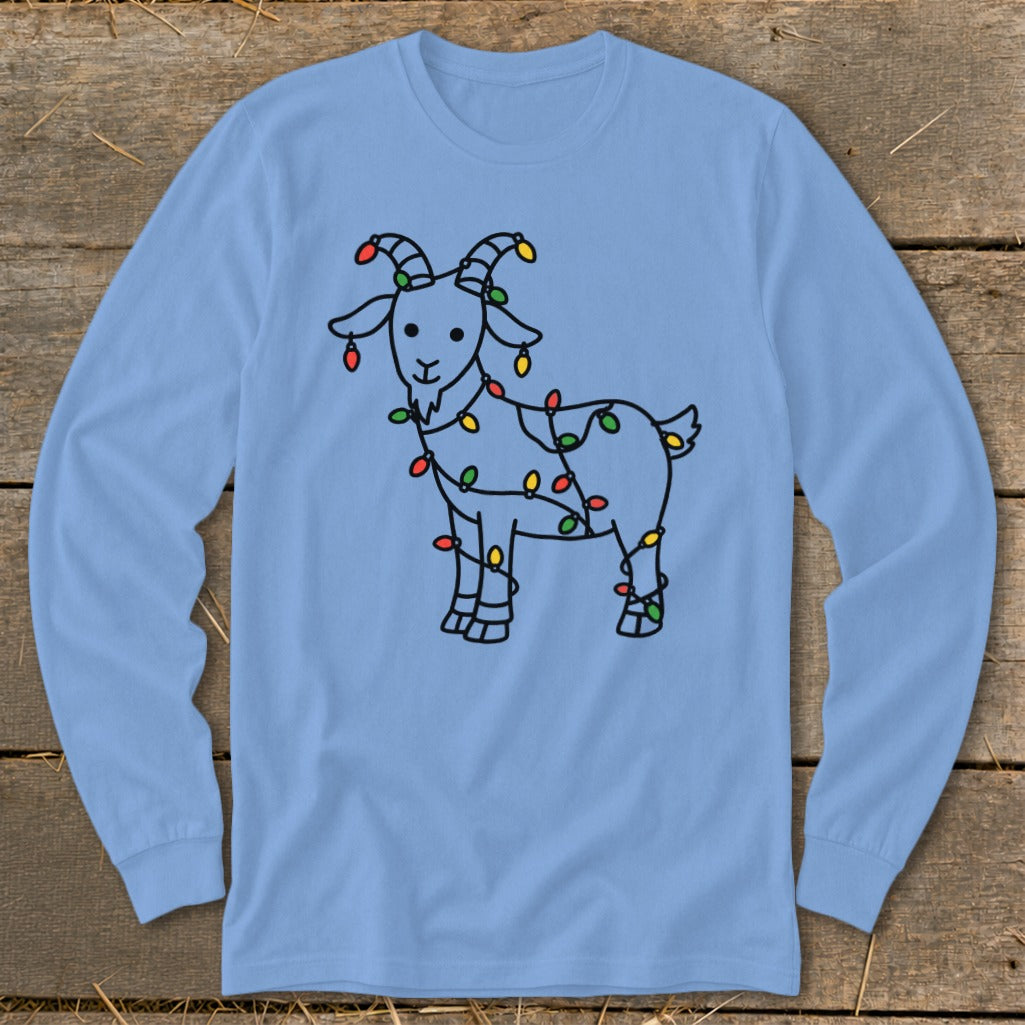 Blue long-sleeve shirt with a cartoon goat wrapped in colorful Christmas lights.