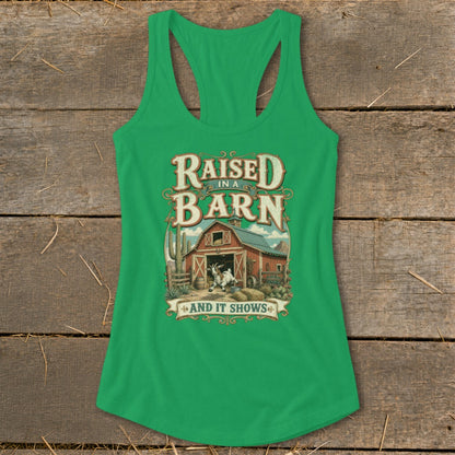 Green tank top with "Raised in a Barn and it shows" graphic and goat.