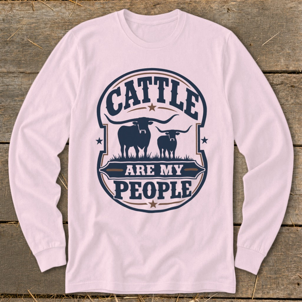 Long-sleeve shirt with "Cattle Are My People" text and longhorn cow graphic.
