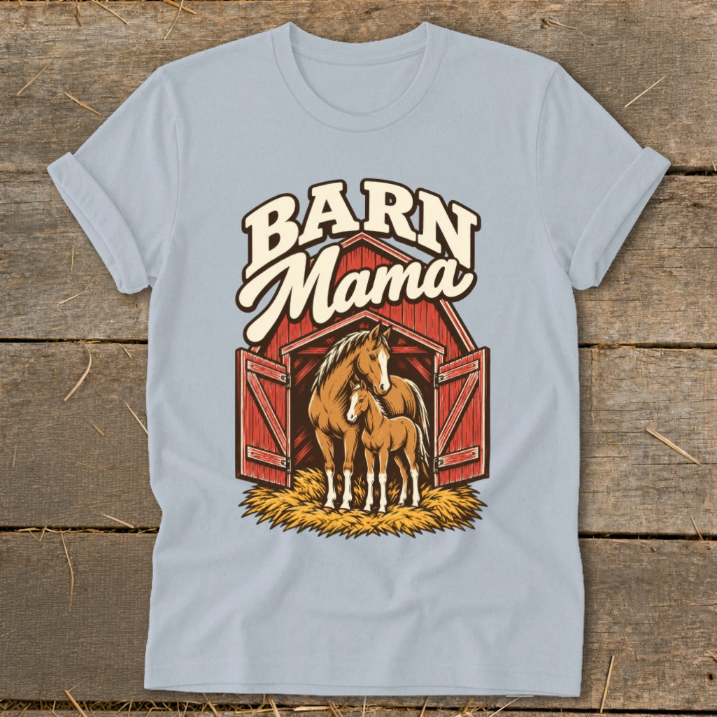 Barn Mama text above horses and foal in red barn graphic.