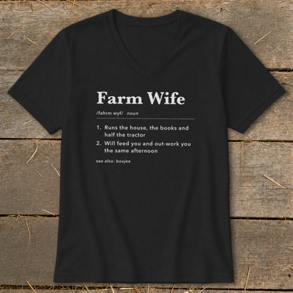 Black v-neck t-shirt with "Farm Wife" definition and related terms printed in white text.