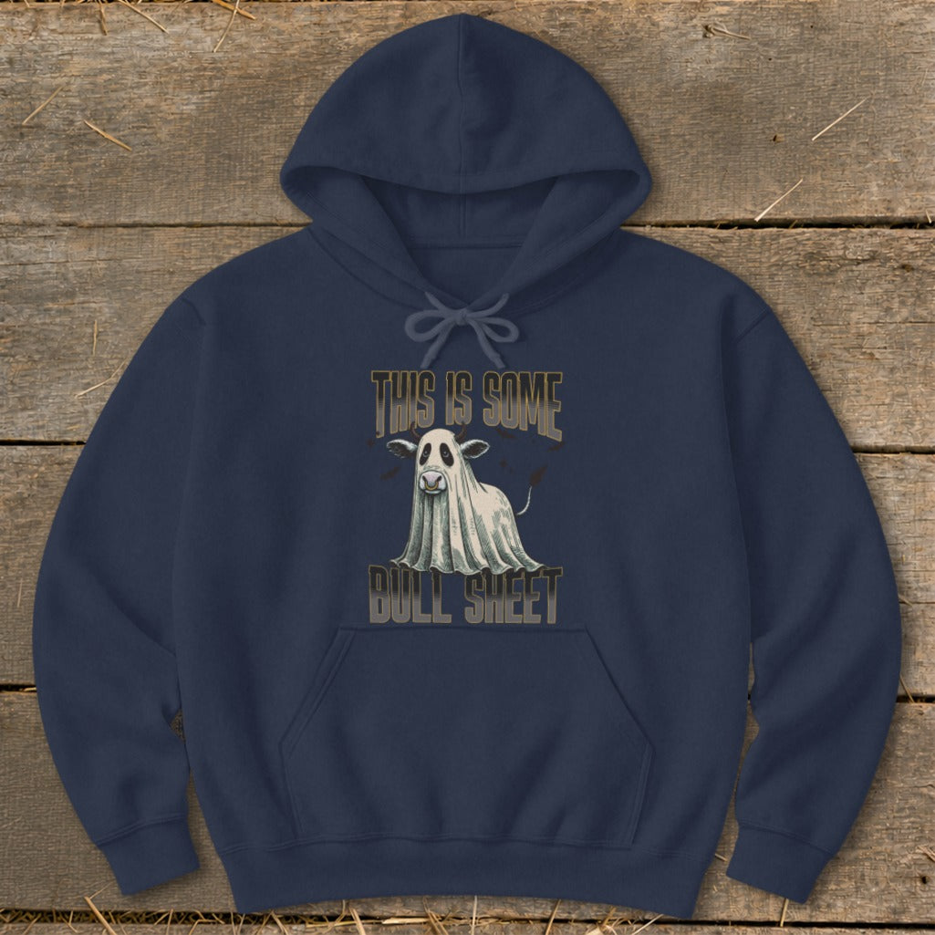 Navy hoodie with ghost cow graphic and text "This is Some Bull Sheet."