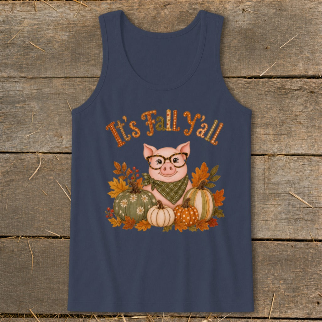 Tank top with "It's Fall Y'all" text and a pig wearing glasses surrounded by pumpkins.