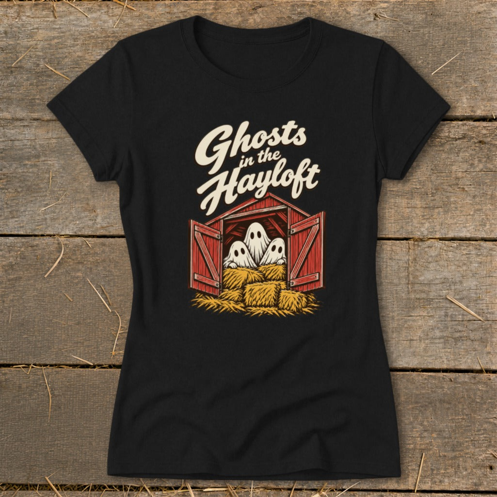 Black t-shirt with "Ghosts in the Hayloft" text over a barn with three ghosts and hay bales.