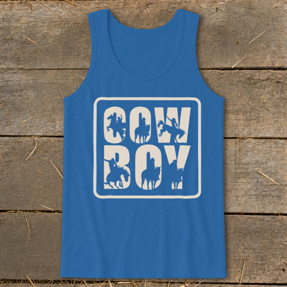 Blue tank top with white "Cowboy" text and silhouette cowboys on horses.