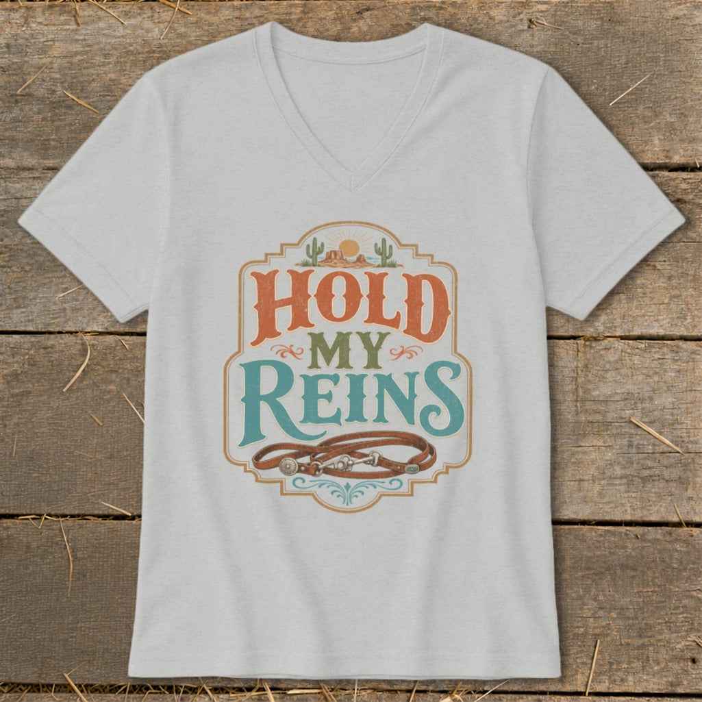 Grey t-shirt with "Hold My Reins" graphic featuring horses and a leather bridle.