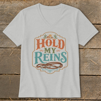 Grey t-shirt with "Hold My Reins" graphic featuring horses and a leather bridle.
