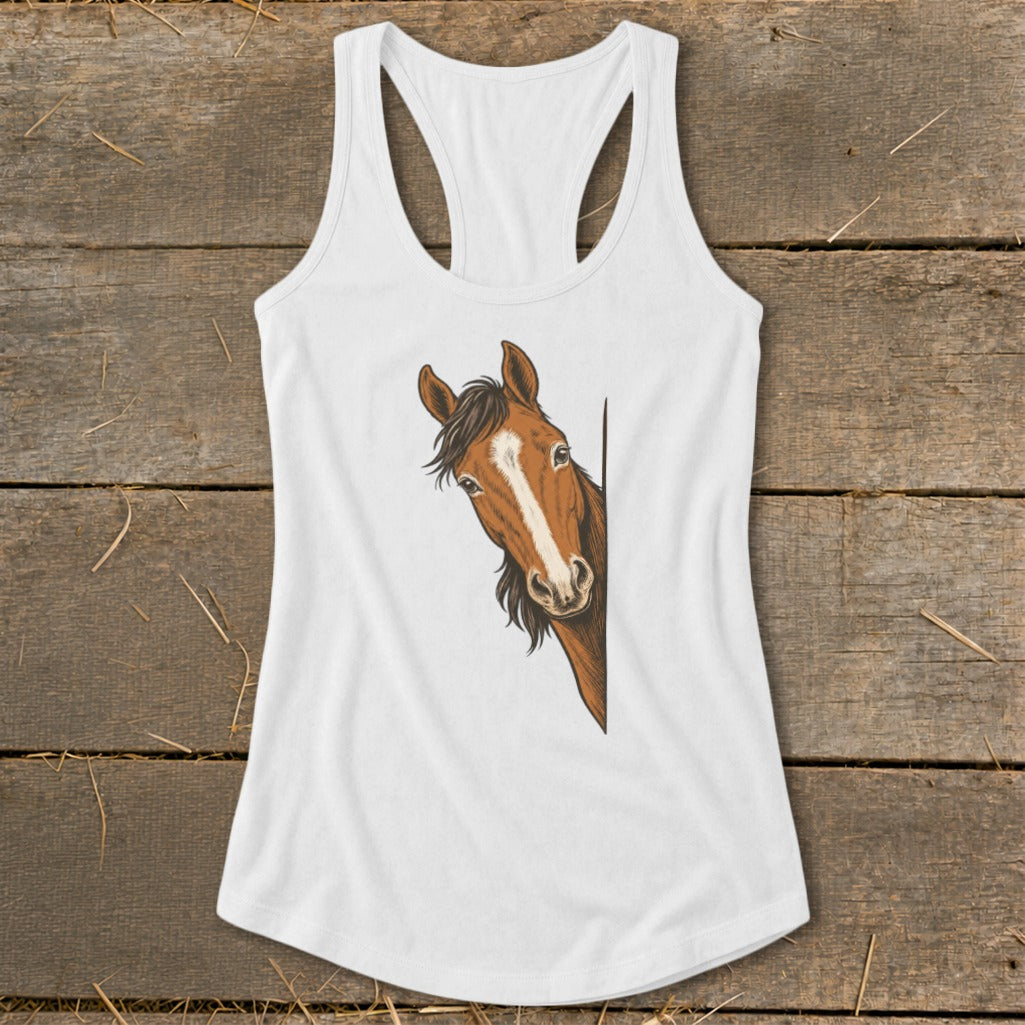 White tank top with a brown horse peeking from the side.