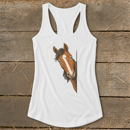 White tank top with a brown horse peeking from the side.