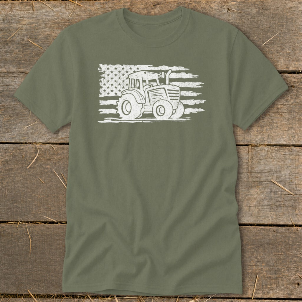 Green t-shirt with distressed white tractor and American flag graphic.