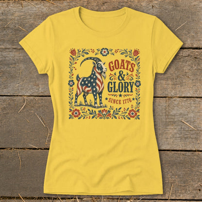 Yellow t-shirt with a patriotic goat graphic and text "Goats & Glory Since 1776".
