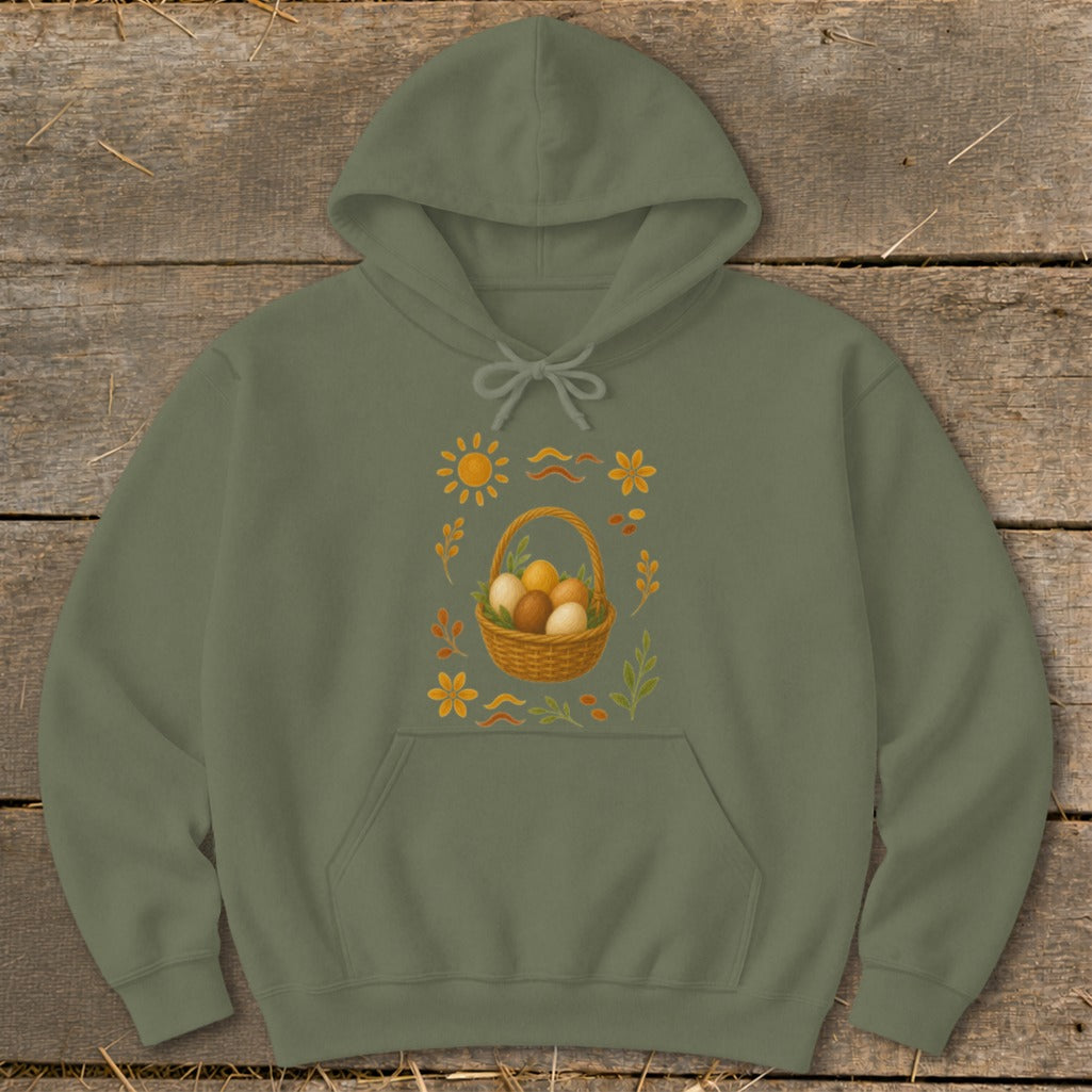 Green hoodie with embroidered Easter basket, eggs, sun, and flowers design.