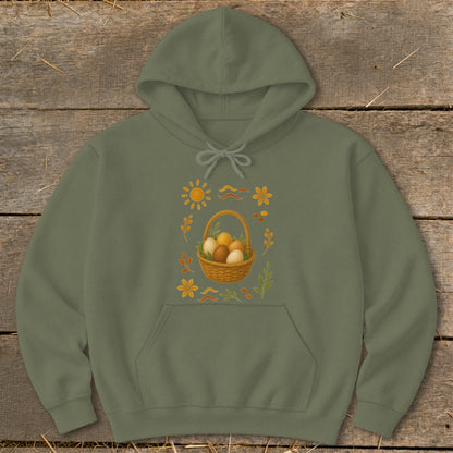 Green hoodie with embroidered Easter basket, eggs, sun, and flowers design.