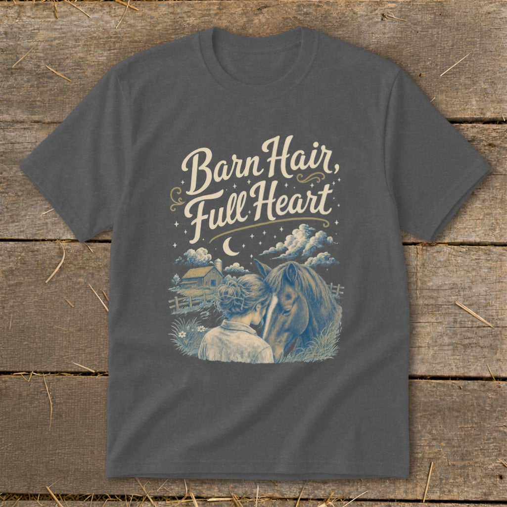Dark grey t-shirt with "Barn Hair, Full Heart" text and a horse and girl illustration.
