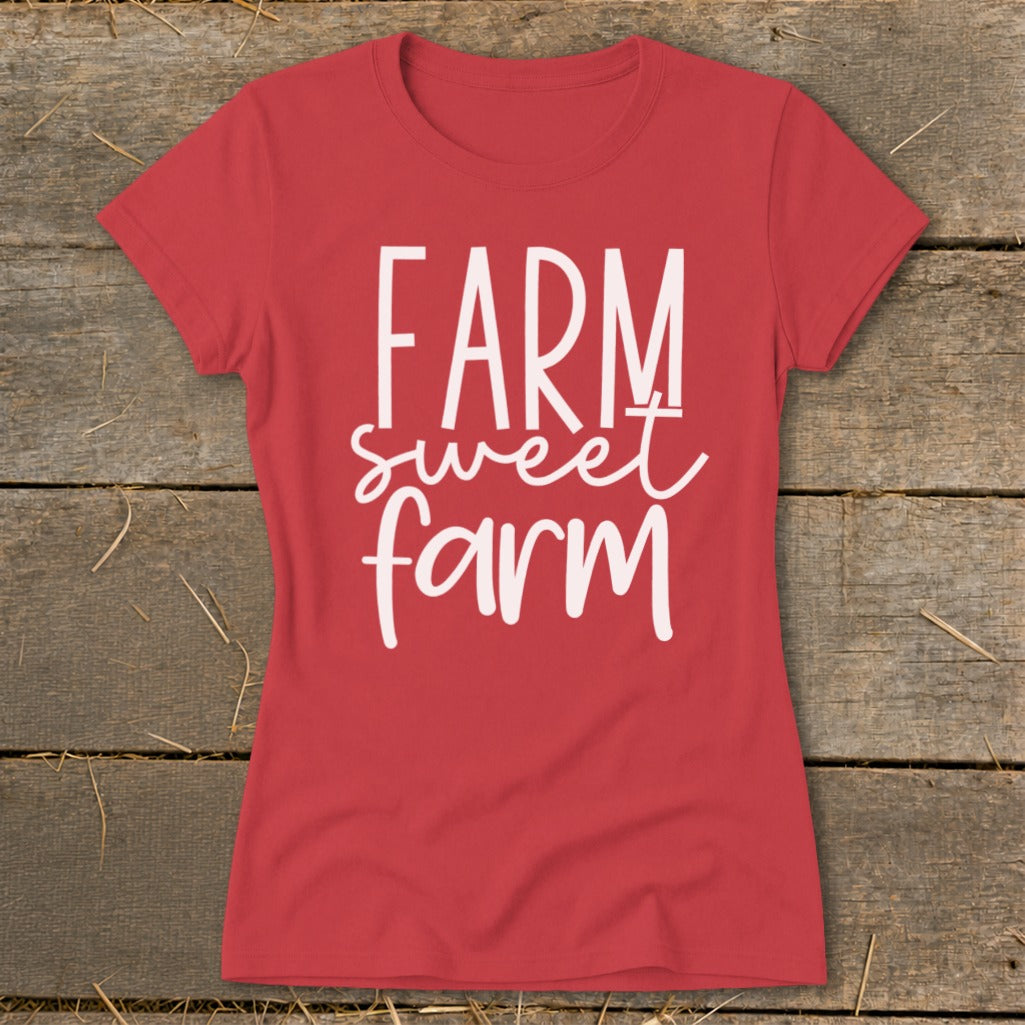 Red t-shirt with "FARM sweet farm" text in white lettering.