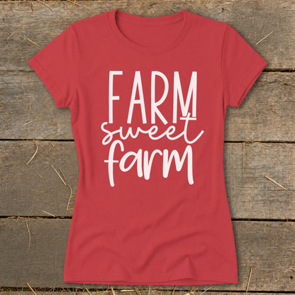 Red t-shirt with "FARM sweet farm" text in white lettering.