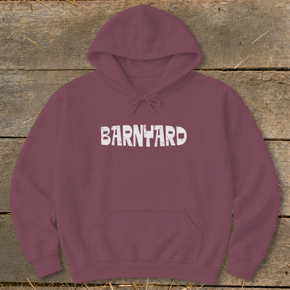 A maroon hooded sweatshirt with a front pocket, featuring white distressed text reading BARNYARD across the chest.